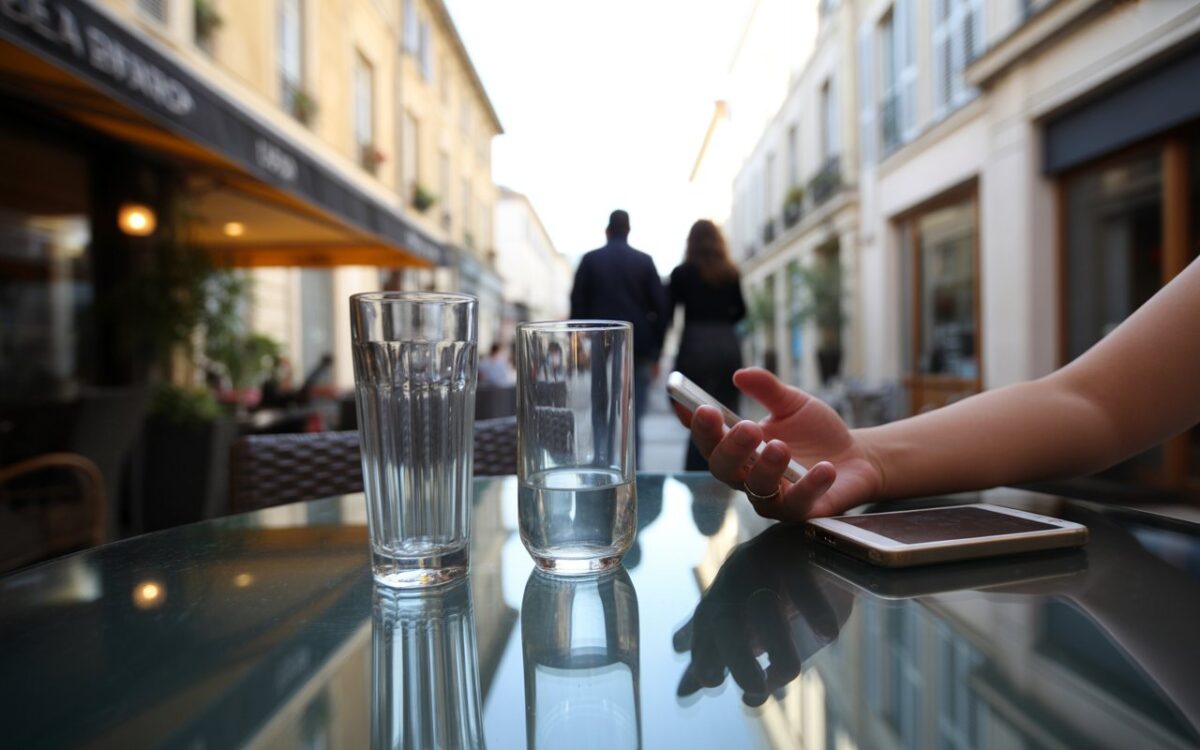 Terrasse, deux verres, silhouettes floues