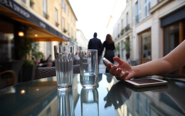 Terrasse, deux verres, silhouettes floues