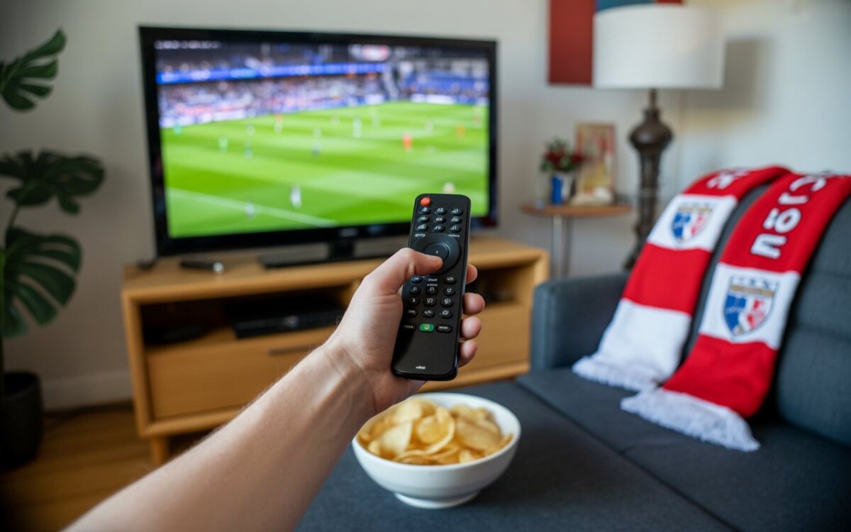 Salon, télé floue et écharpe football
