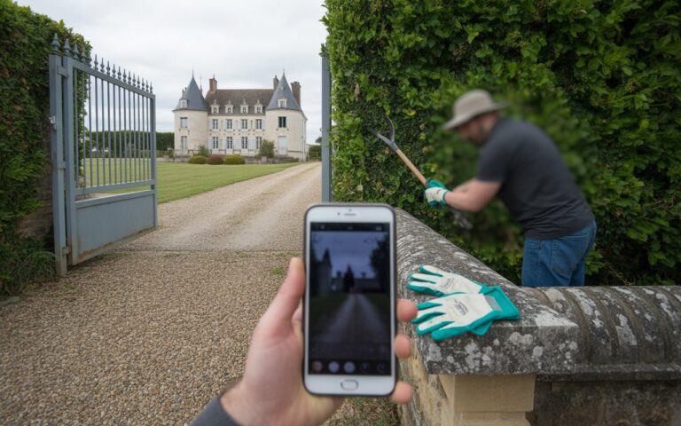 Cour de château, gants et silhouette lointaine