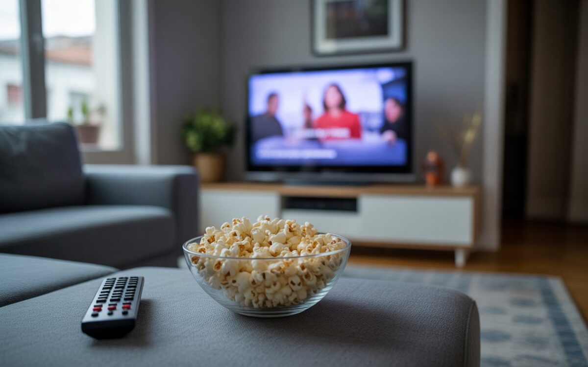 Télévision floue, popcorn et télécommande dans salon.