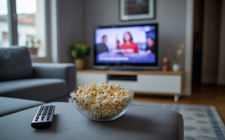Télévision floue, popcorn et télécommande dans salon.