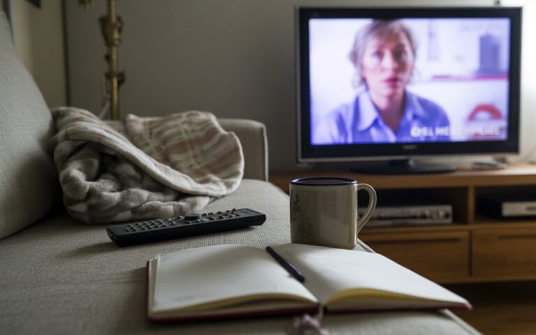 Canapé, plaid, télécommande et télé floue.
