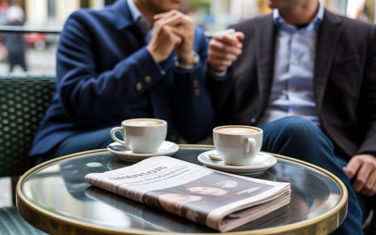 Deux tasses et journal fermé sur table de café.