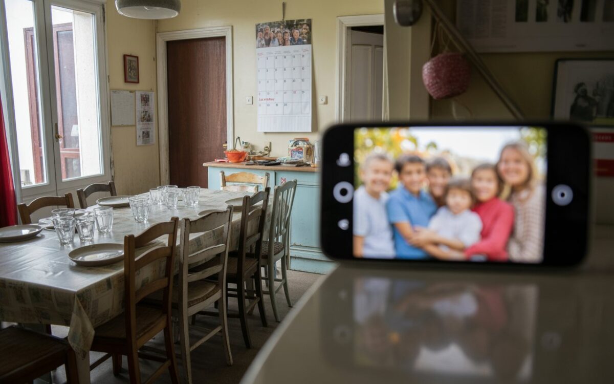 Grande table familiale, chaises vides et calendrier.
