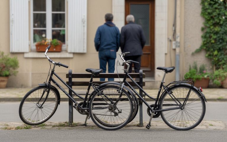 Deux vélos appuyés près d'un banc de village.