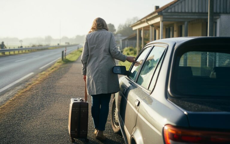 Veuve de dos, voiture et route brumeuse à l’aube.
