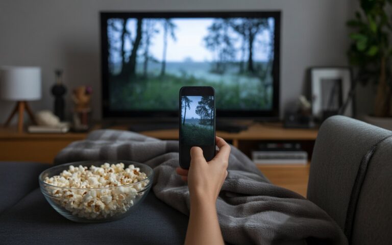 Salon sombre, télé floue et plaid