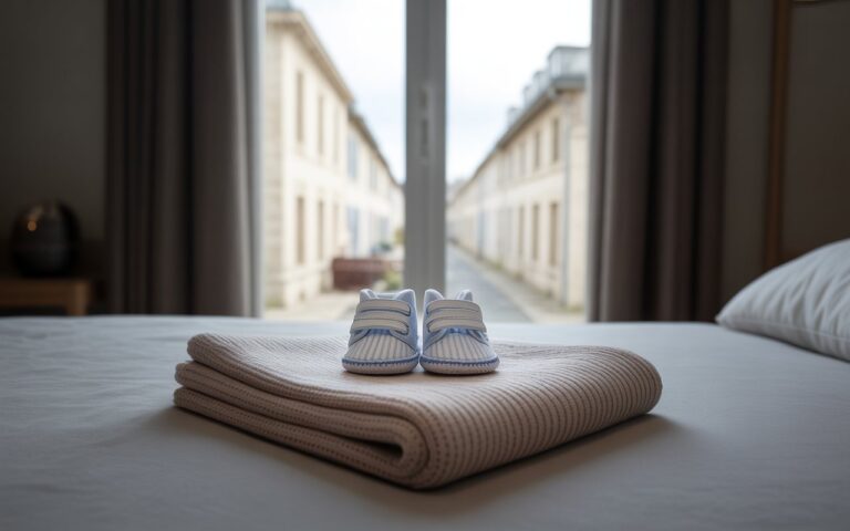 Petits chaussons et couverture sur lit.