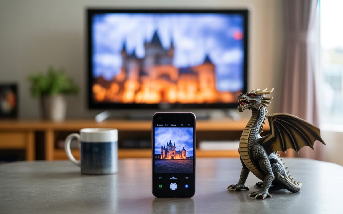 Figurine dragon, télé floue, salon