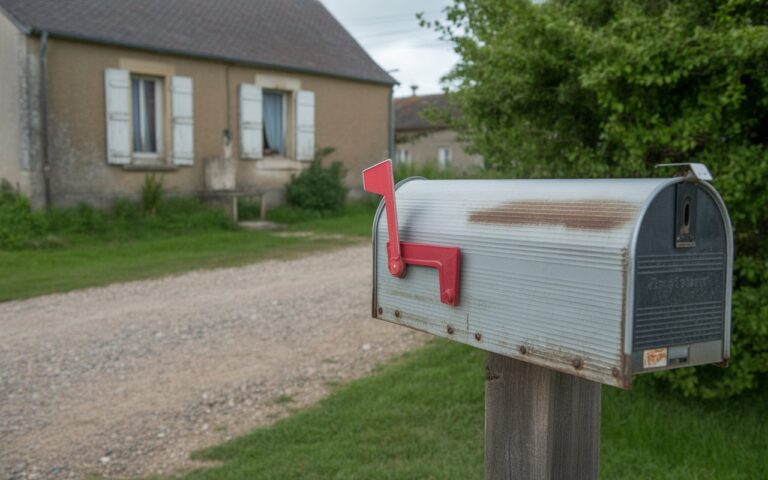Boîte aux lettres et chemin gravier près ferme.