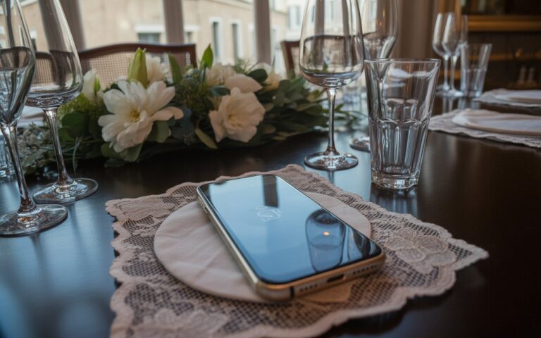 Table de mariage, fleurs, coupes et téléphone.