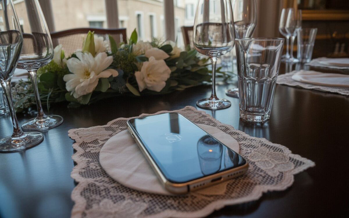 Table de mariage, fleurs, coupes et téléphone.