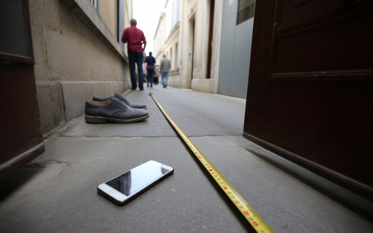 Mètre ruban, chaussures d’homme et téléphone au sol.