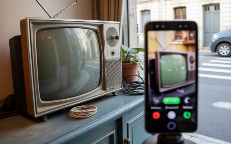 Ancienne télé et smartphone flous côte à côte.
