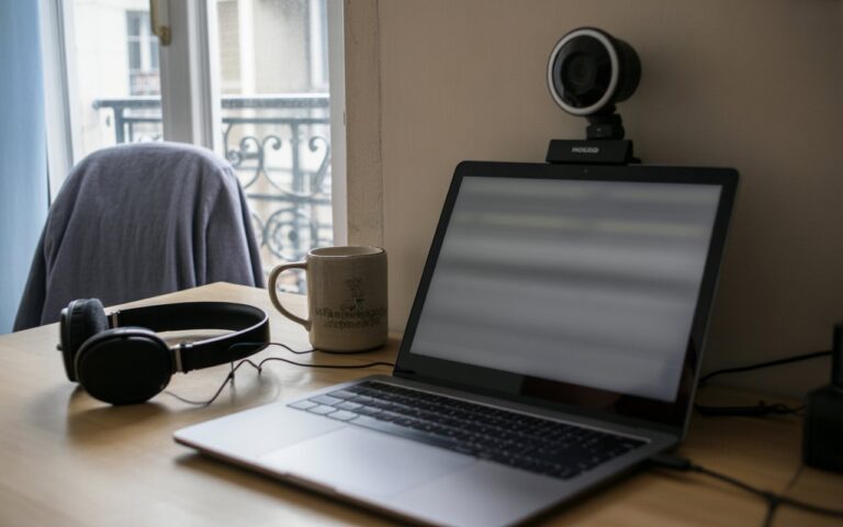 Webcam, ordinateur flou, casque et chaise vide.