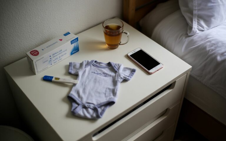 Body bébé, boîte test, tisane et téléphone.