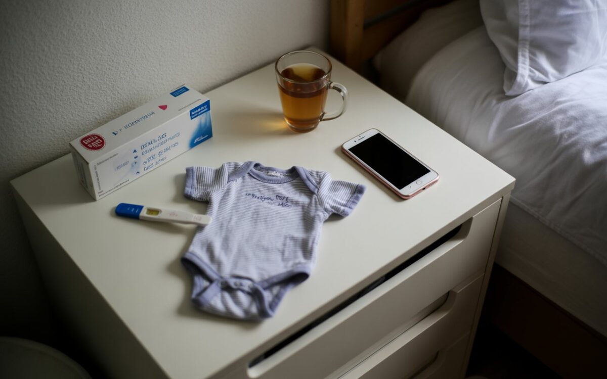 Body bébé, boîte test, tisane et téléphone.