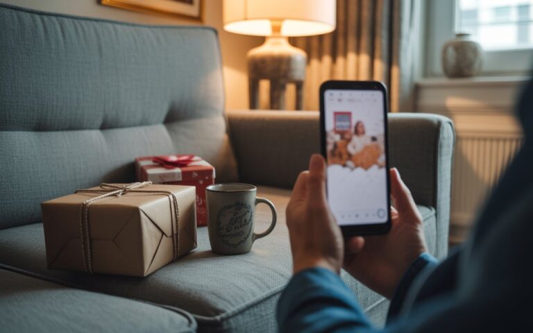 Mains, téléphone flou, cadeau emballé et mug.