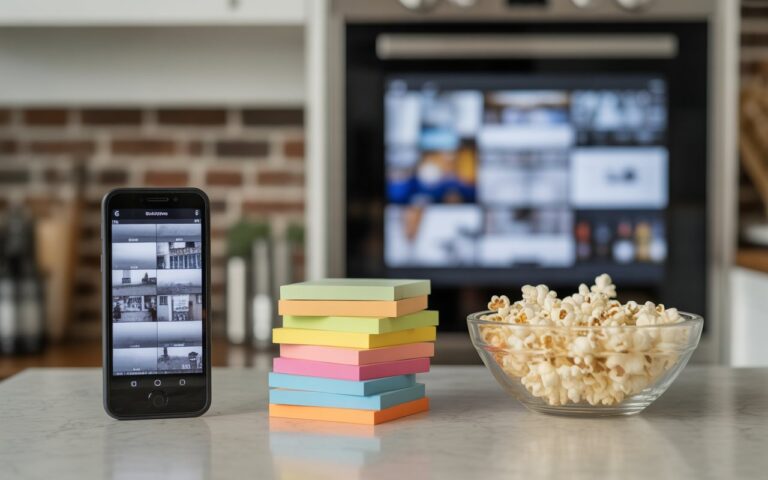 Tablette floue, pop-corn et post-it vierges sur comptoir