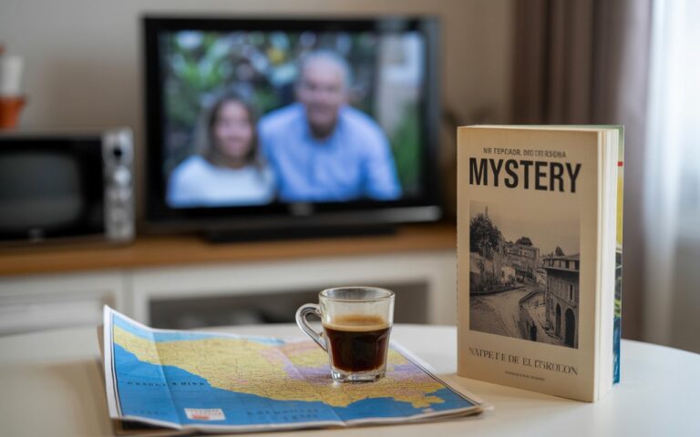 Café, carte d’Italie, roman policier et télé floue.