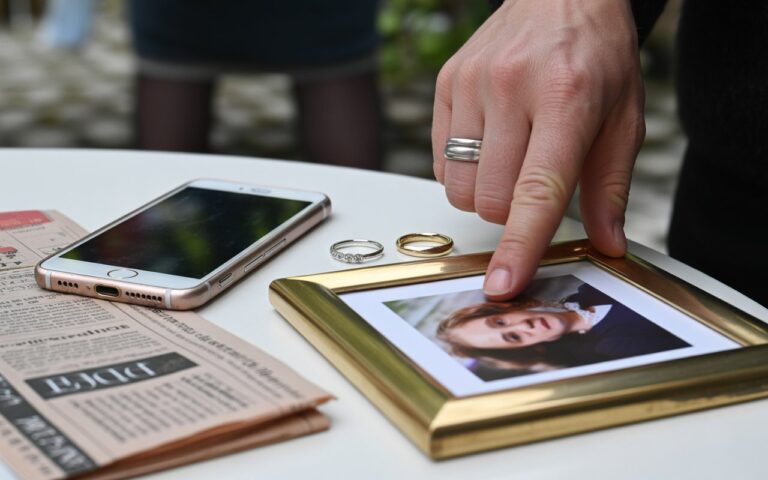 Alliances, journal plié et téléphone flou sur table.