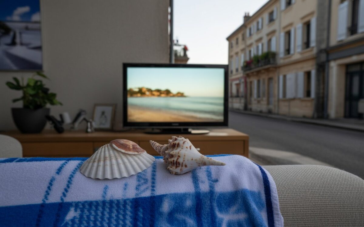 Serviette, coquillages et télé floue au salon