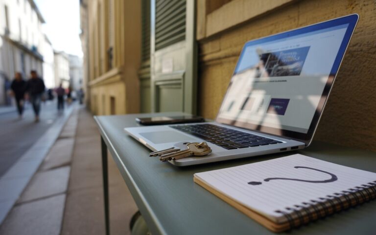 Ordinateur flou, clés et carnet avec point d’interrogation.