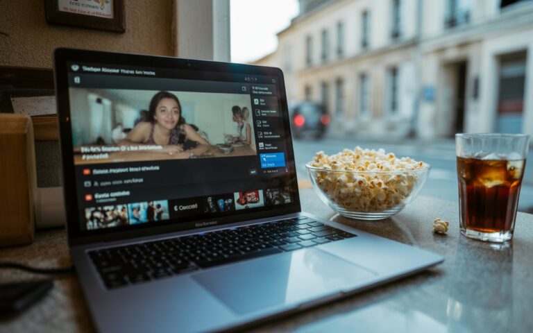 Ordinateur flou, pop-corn et soda sur comptoir.