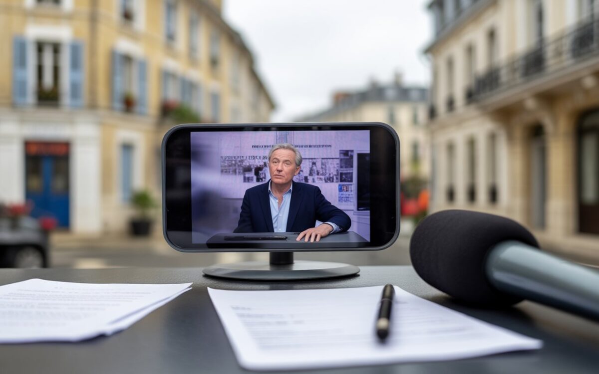 Bureau de rédaction vide, micro et écran flou.