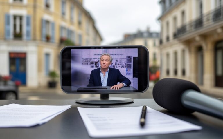 Bureau de rédaction vide, micro et écran flou.