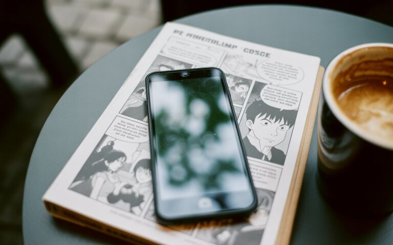 Smartphone, manga papier et café sur table, écran flou.