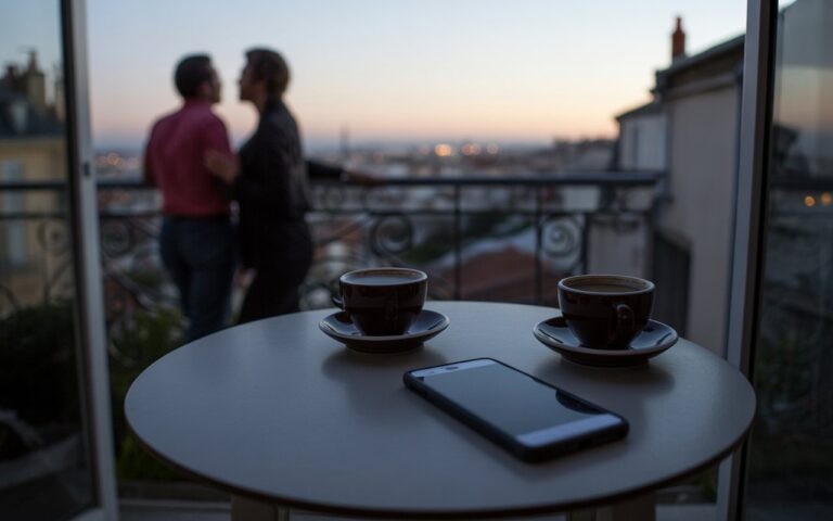 Balcon au coucher, tasses, téléphone et silhouettes lointaines.