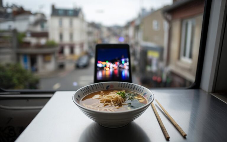 Ramen, baguettes et tablette floue