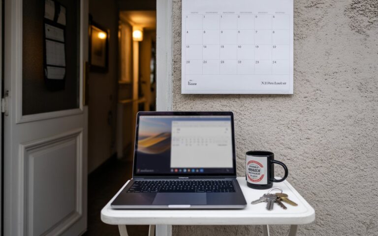 Table entrée, ordinateur flou, calendrier et clés.