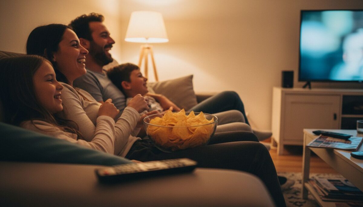 Une famille rit sur le canapé devant un jeu télévisé, un bol de chips sur les genoux