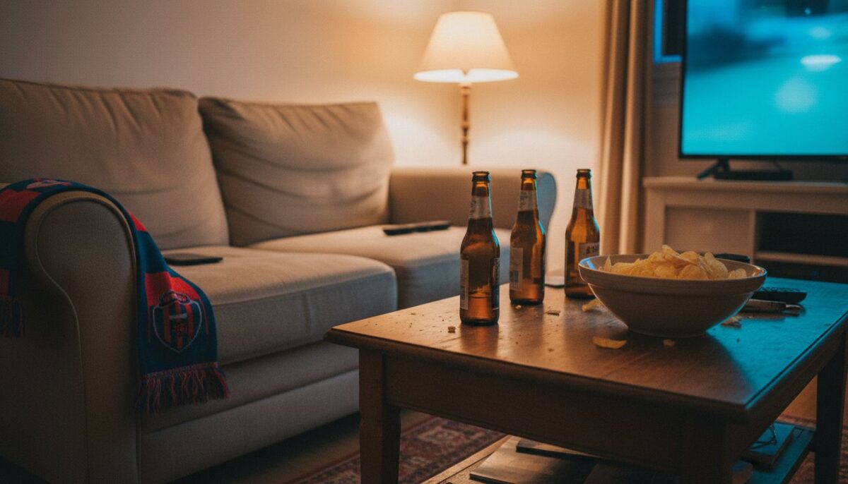 Une écharpe de supporter sur l’accoudoir, des bières et des chips, un soir de match