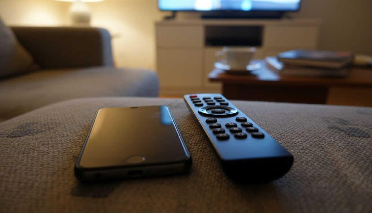 Un téléphone et une télécommande posés sur un coussin de canapé