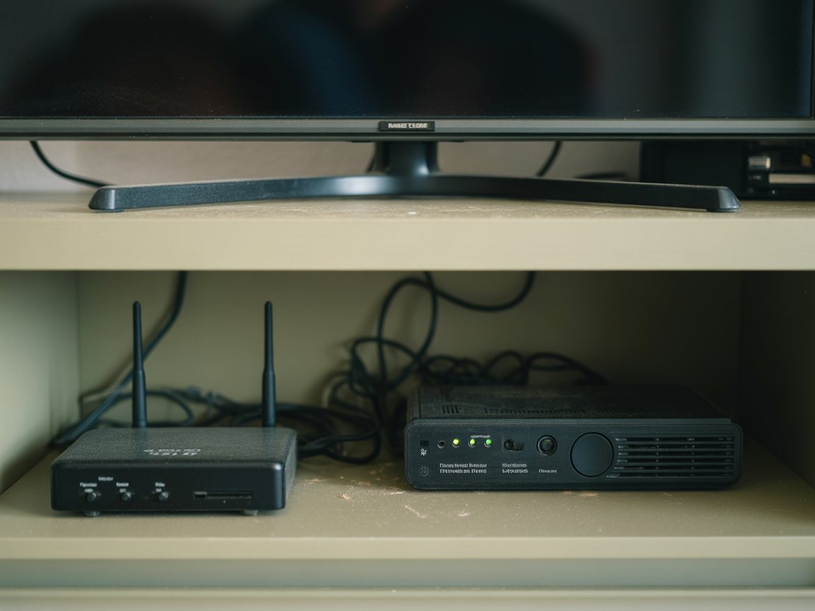 Une box TV et un routeur sous une télévision