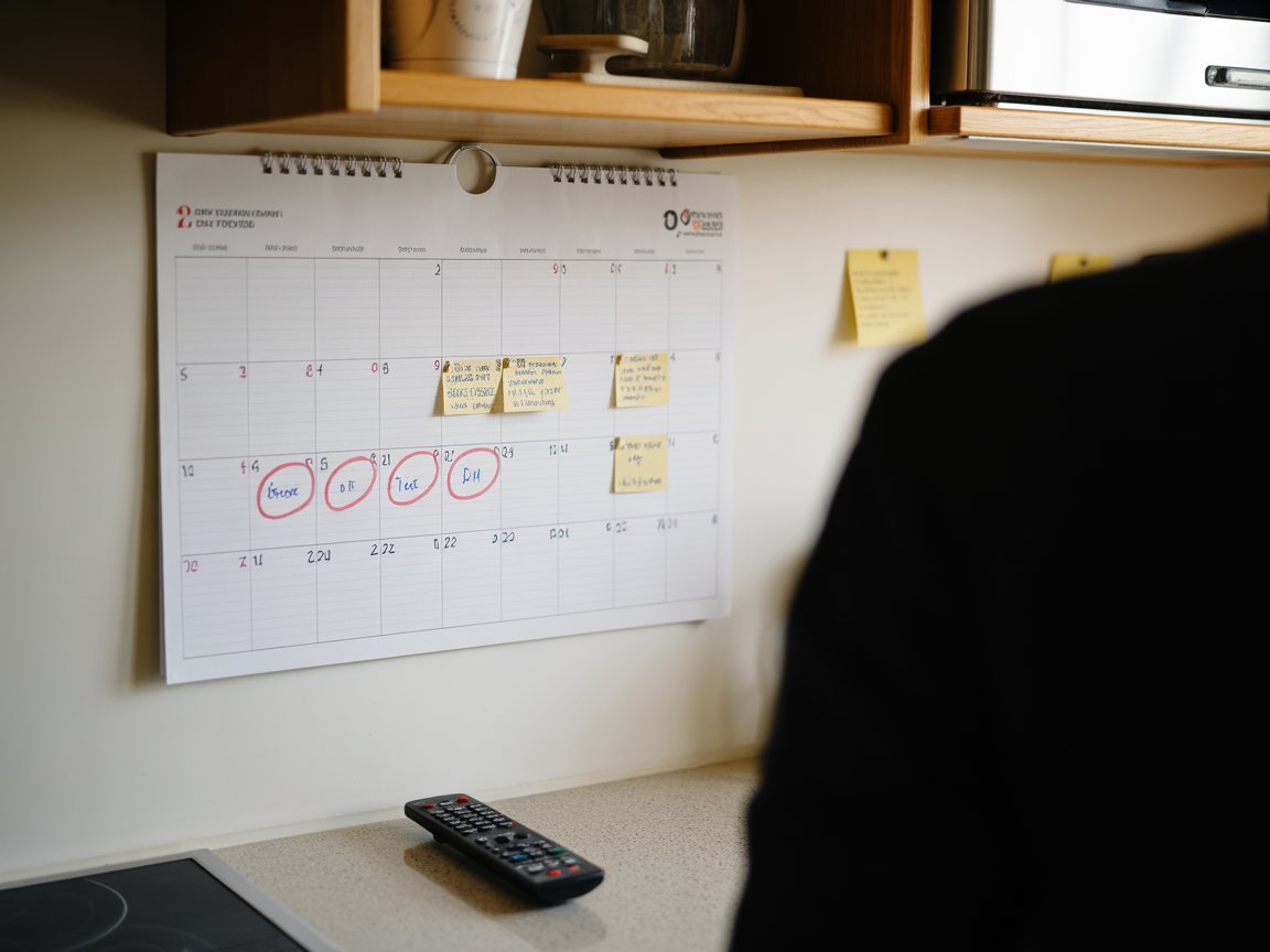 Un calendrier mural avec des dates entourées en rouge