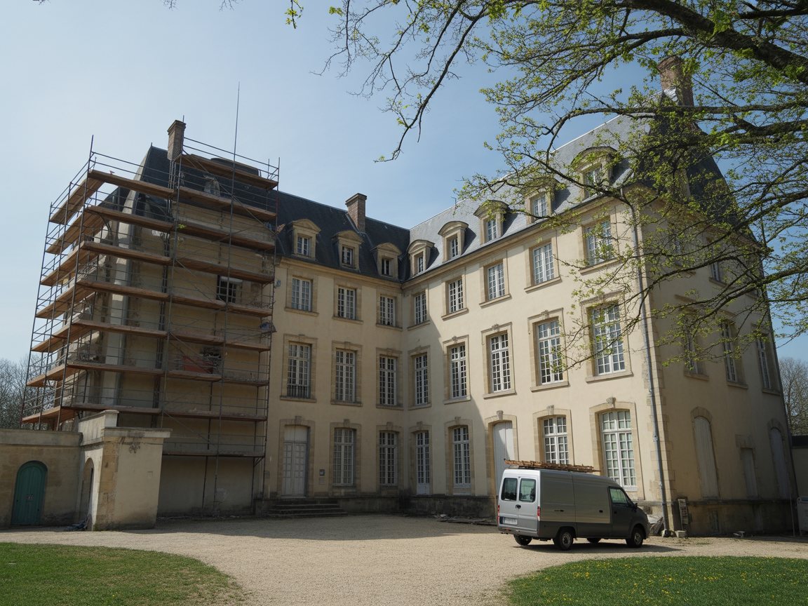 Un château en rénovation, échafaudages et camionnette