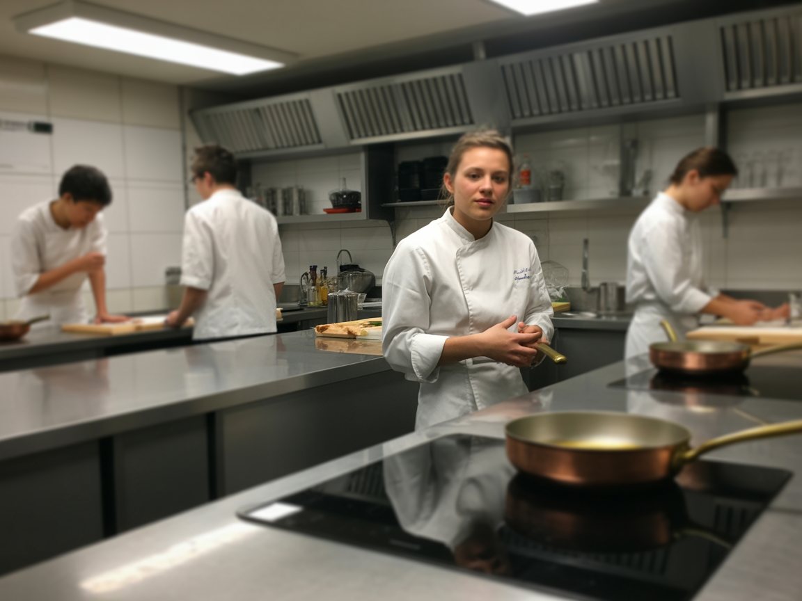 Une cuisine d’école de gastronomie, élèves en tenue