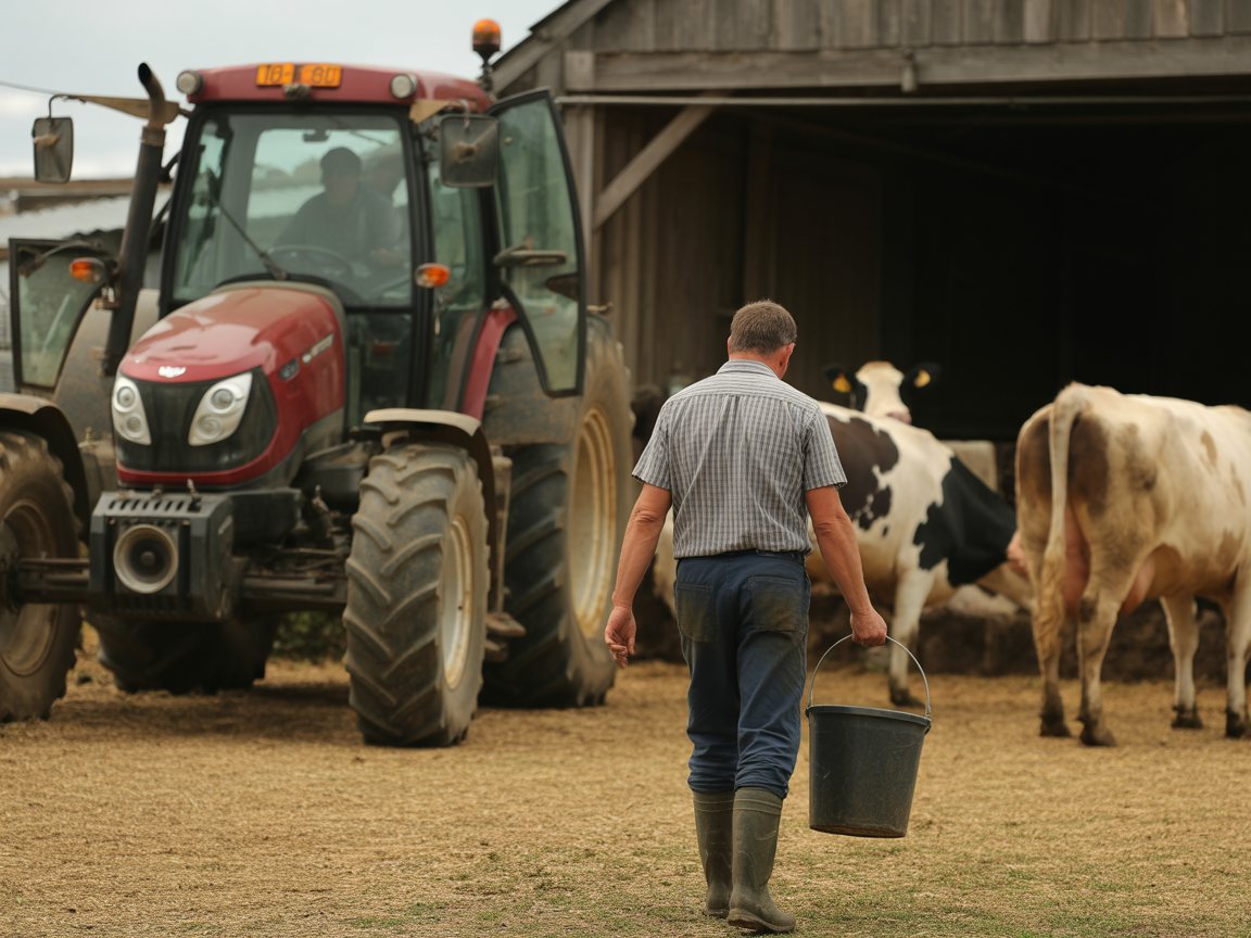 Une cour de ferme avec un tracteur et des vaches