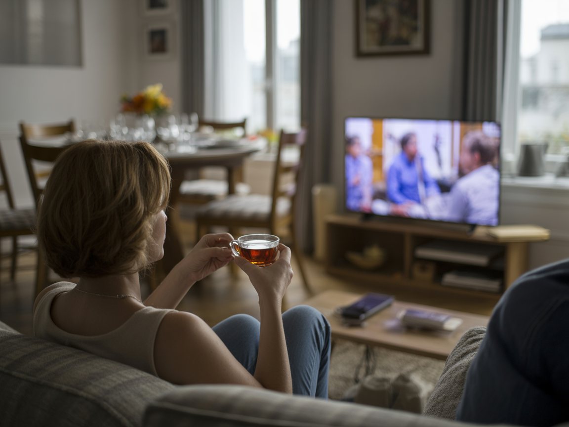 Une femme regarde un feuilleton du soir sur son canapé