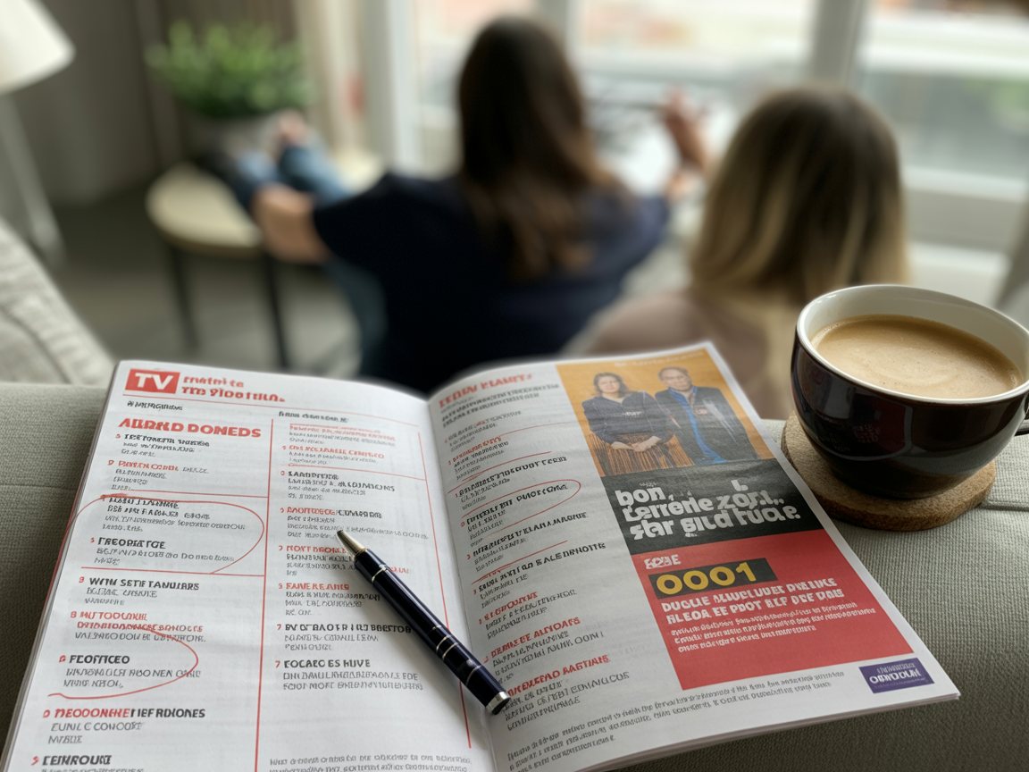 Un magazine de programmes télé ouvert, des émissions entourées