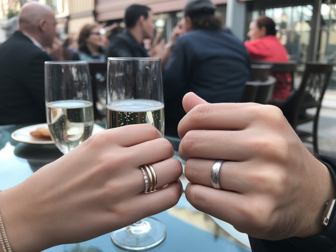 Deux mains avec des alliances près de coupes de champagne