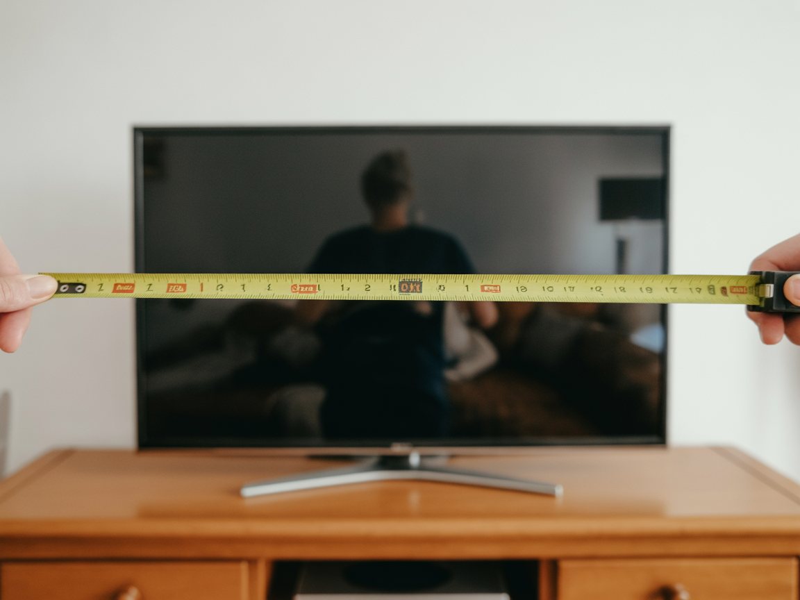 Un mètre ruban tendu sur la largeur d’un écran de télévision