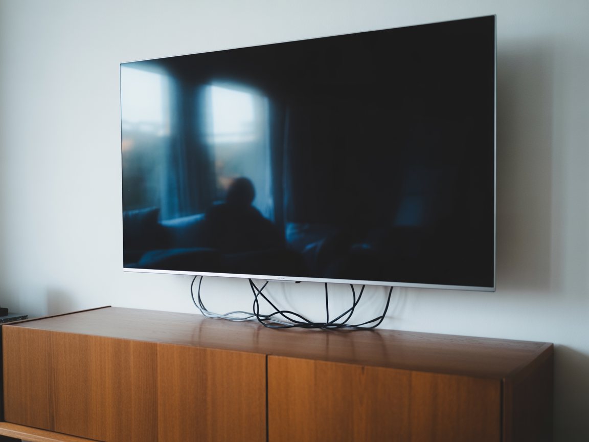 Une télévision fixée au mur au-dessus d’un meuble bas