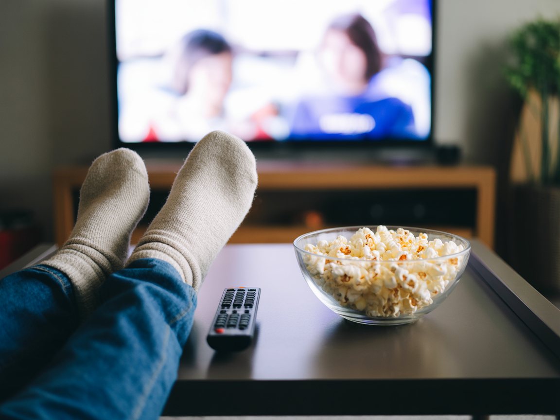 Des pieds en chaussettes sur la table basse, popcorn et télécommande