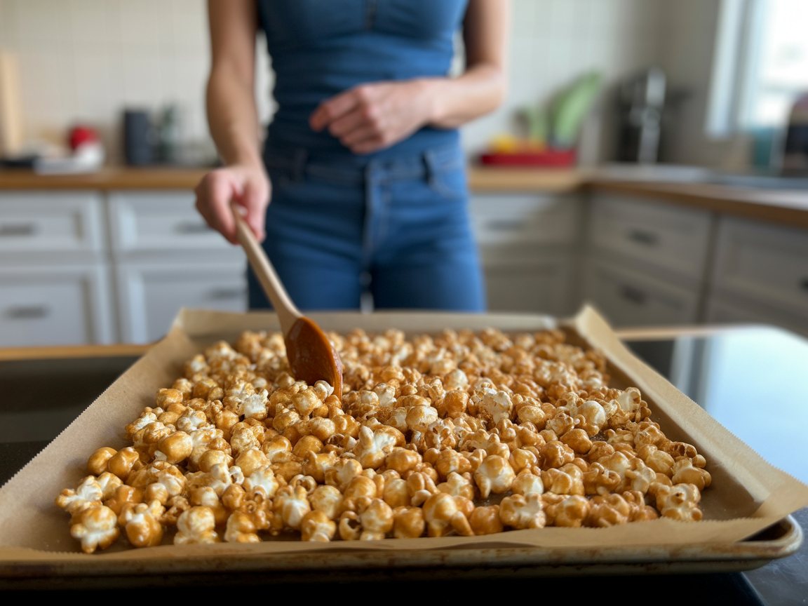 Du popcorn caramélisé qui refroidit sur une plaque